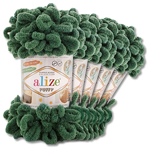 Alize 5 x 100 g Puffy Wolle Chenille Schlaufenwolle Häkeln und Stricken ohne Hilfsmittel Kleidung Accesoire Decken Teppiche (532 | Tannengrün)
