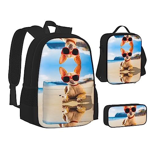 FRGMNT Ocean Segelrucksack Schule Büchertaschen Set Lunchtasche Federmäppchen Schulrucksäcke für Teen Mädchen Jungen, Chihuahua, Einheitsgröße, Schulrucksack