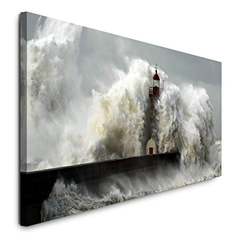 Paul Sinus Art GmbH Sturm und Leuchtturm 120x 50cm Panorama Leinwand Bild XXL Format Wandbilder Wohnzimmer Wohnung Deko Kunstdrucke