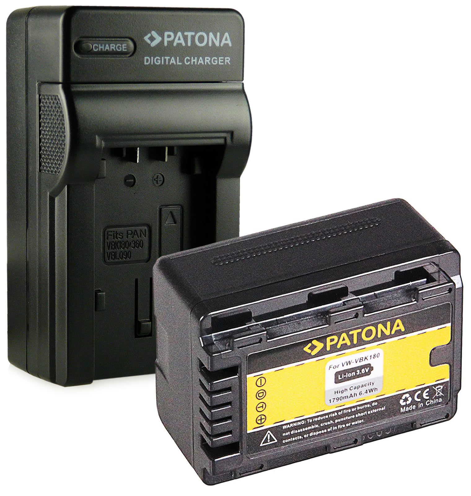 PATONA 3in1 Ladegerät mit VW-VBK180 Akku kompatibel mit Panasonic HC-V100 HC-V500 HC-V700 HDC-HS80 HDC-SD60