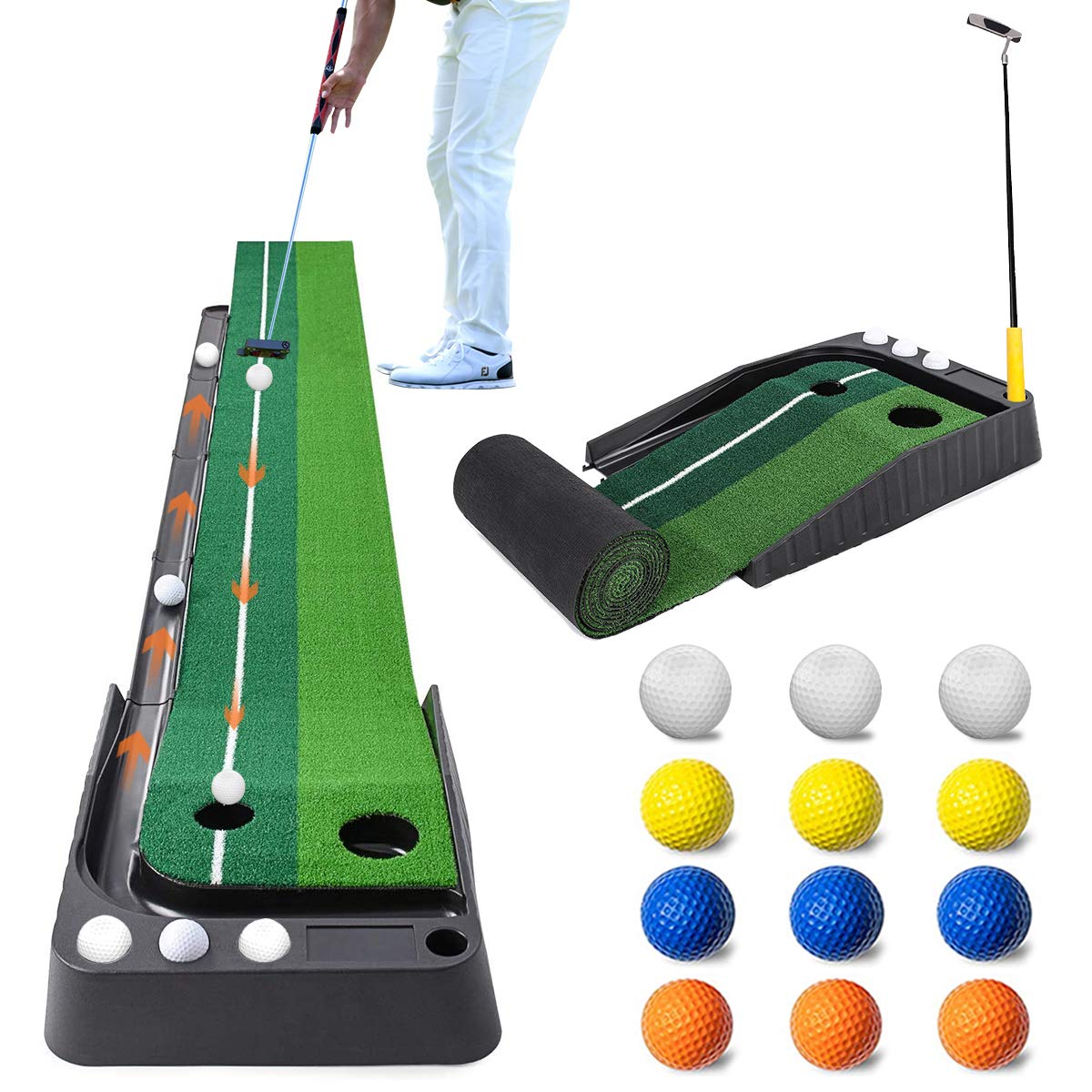 G-LTECK Aliennana Golf Putting Green Mat with Auto Ball Return Golf Practice Training Aid