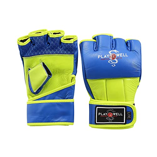 PLAYWELL Ultimative MMA-Handschuhe aus Premium-Leder, Blau/Neongelb (L/XL)