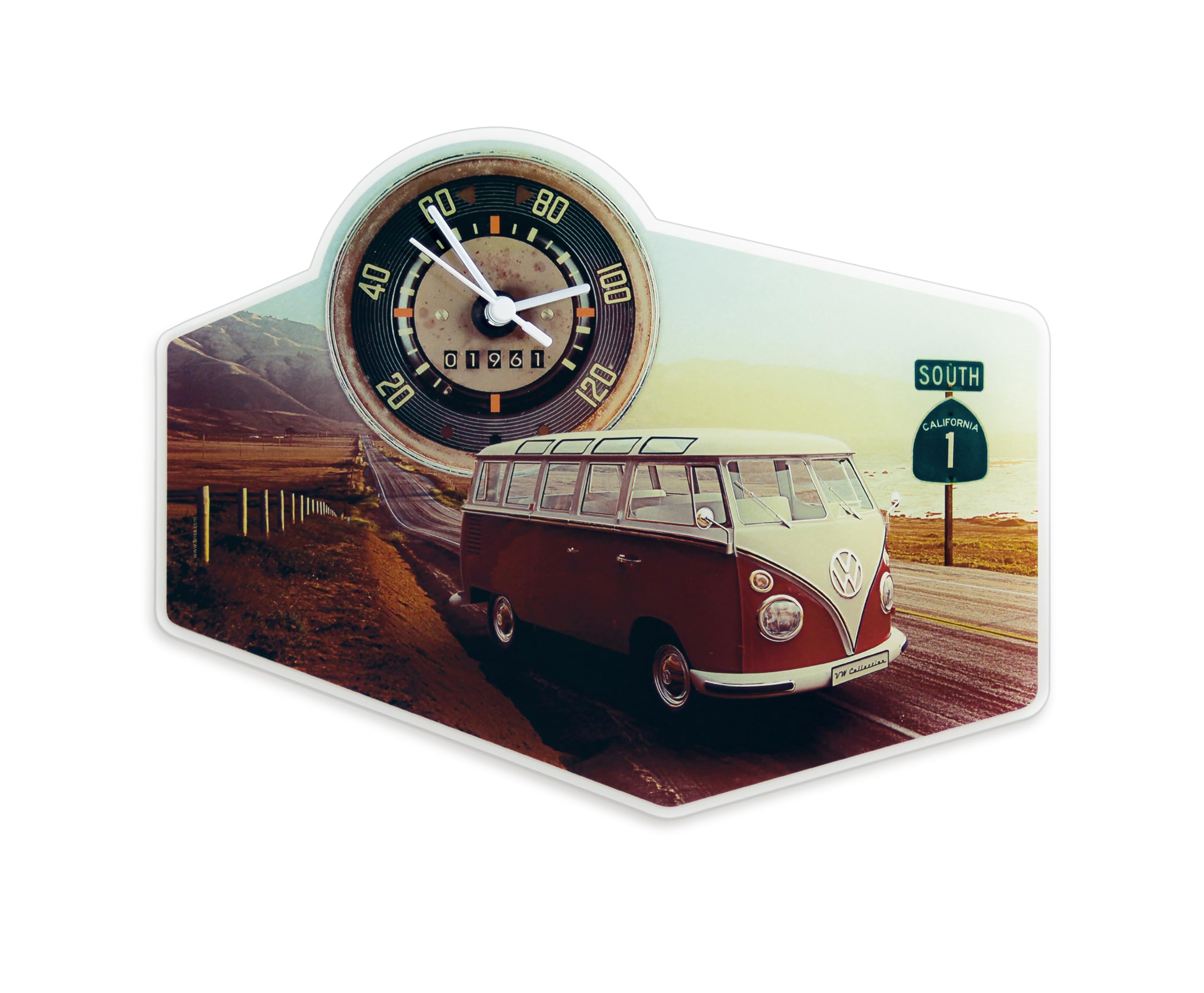 BRISA VW Collection - Volkswagen Retro-Vintage Wand-Quarz-Uhr aus Acrylglas im T1 Bulli Bus (Highway 1/Bunt)