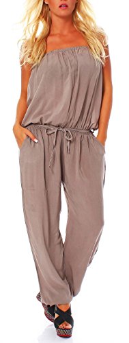 malito Damen Einteiler in Uni Farben | Overall mit Stoffgürtel | Jumpsuit - Hosenanzug - Romper 4538 (fango)