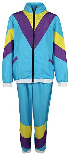 Foxxeo 80er Jahre Kostüm für Erwachsene Premium 80s Trainingsanzug Assianzug Assi - Herren Größe S-XXXXL - Fasching Karneval Anzug, Farbe türkis gelb lila, Größe: S