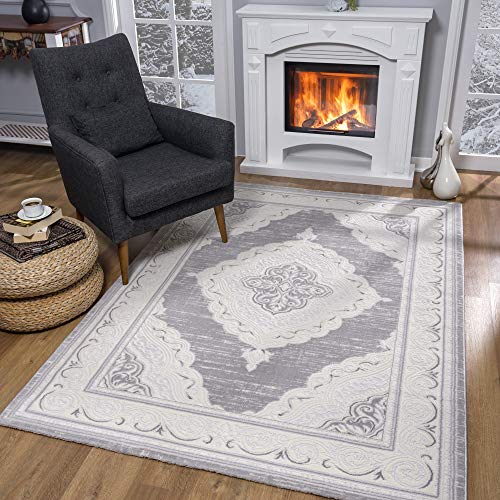 SANAT Teppiche für Wohnzimmer - Teppich Grau, Kurzflor Teppich Orientalisch, Öko-Tex 100 Zertifiziert, Größe: 160x220 cm