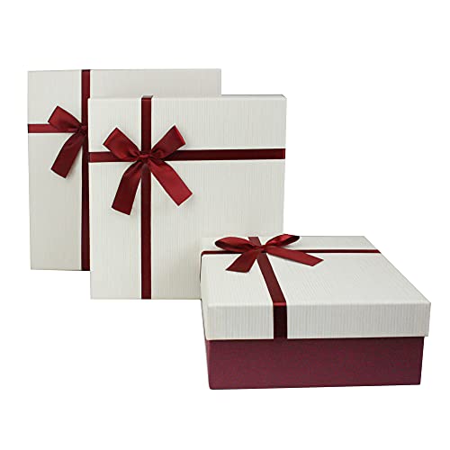 Emartbuy Set von 3 Geschenkbox, Strukturierte Burgunderkiste mit Creme Deckel und Zierband