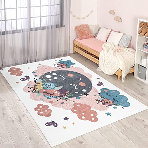 carpet city Teppich Kinderzimmer Mond - Creme, Multi - 140x200 cm - Kinderteppich Kurzflor mit Wolken, Blumen, Sterne - Weicher Flor
