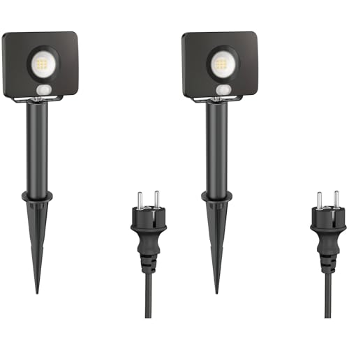 ledscom.de LED Strahler Wega mit Erdspieß und 15cm Sockel, Outdoor mit Bewegungssensor, schwarz, 10W, 800lm, weiß, 2 Stk.