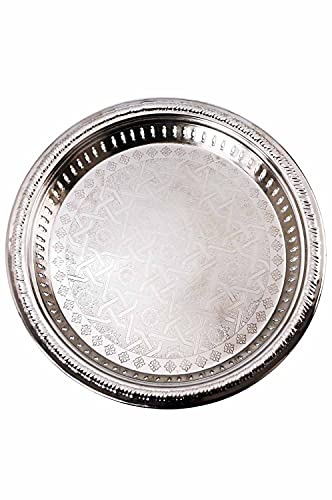 Orientalisches rundes Tablett Schale aus Metall Juman 40cm groß Silber | Orient Dekoschale mit hoher Rand | Marokkanisches Serviertablett Rund | Orientalische goldene Deko auf dem gedeckten Tisch