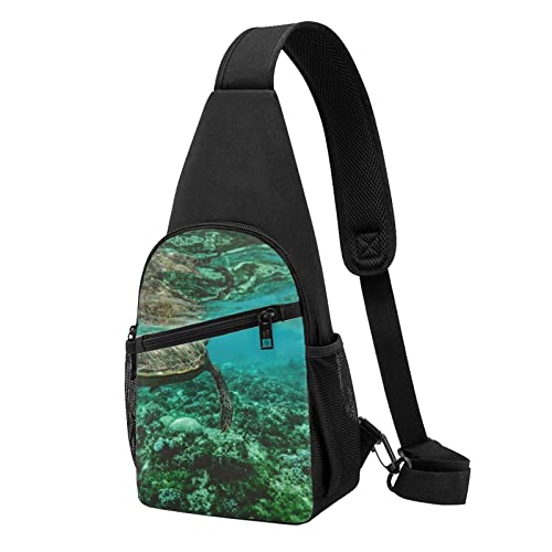 Brusttasche mit Meeresschildkröte, bedruckt, für Reisen, Wandern, Tagesrucksack, Schwarz , Einheitsgröße