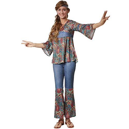 dressforfun 900522 - Damenkostüm Hippi Girl Harmony, Outfit in Jeans- und Ornamentenoptik inkl. Stirnband (L | Nr. 302610)