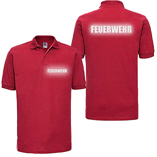 Shirt-Panda Feuerwehr Poloshirt Herren Unisex - Reflektierender beidseitiger Aufdruck Brust & Rücken - viele Rot (Druck Reflex) XL