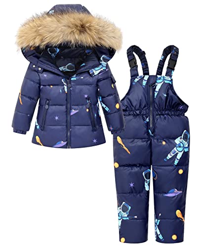 ZOEREA Kinder Bekleidungsset Junge Mädchen Süß Schneeanzug mit Kaputze Daunenjacke + Daunenhose 2tlg Verdickte Skianzug Winterjacke Dunkelblau, Etikett 100