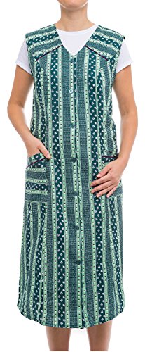 Tobeni Damen Kittelschürze Knopf-Kittel lang in 100% Baumwolle ohne Arm mit Taschen Farbe Design 38 Grösse 54