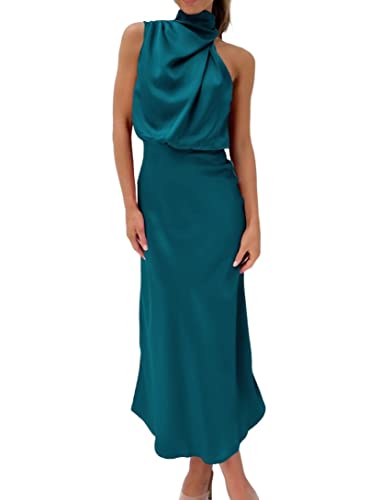HENGNICE 2023 Frühjahr und Sommer neue High-End-Satin ärmelloses Kleid Europäische und amerikanische Mode elegantes Promi-Licht-Abendkleid (Color : Blue, Size : S)