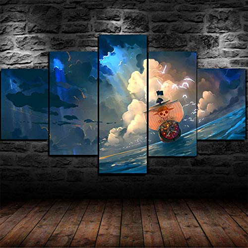 GIRDSS 5 Teilig Leinwanddrucke Wandbilder Wohnzimmer Modern Deko Bilder 5 Teilig Leinwandbilder Bild Auf Leinwand XXL 5 Teiliges Wandbild Modulare Bilder 5 Stücke Anime One Piece The Thousand Sunny