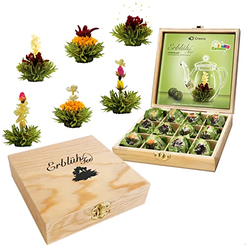 Creano Teeblumen Geschenkset in Teekiste aus Holz, 12 Erblühtee in 6 Sorten grüner Tee Fruity Flavor