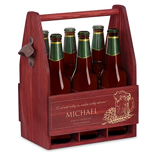 Maverton Bierträger für 6 Flaschen 0,5L + Gravur - Männerhandtasche mit Flaschenöffner - Größe: 25x17x32cm - aus Holz - Geburtstagsgeschenk für Männer (Wichtig mit WEM)