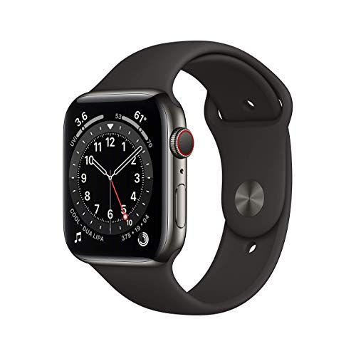 Apple Watch Series 6 GPS + Cellular, 44mm Graphite Stainless Steel Case with Black Sport Band - Regular (Renewed)