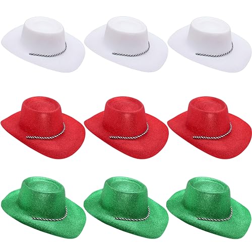 Toyland® Packung mit 9 glitzernden Wales-Farbthema-Cowboyhüten – 3 Weiß, 3 Rot und 3 Grün – Größe 34 cm (13 Zoll) – Perfekt für EM, Weltmeisterschaft und Festivals