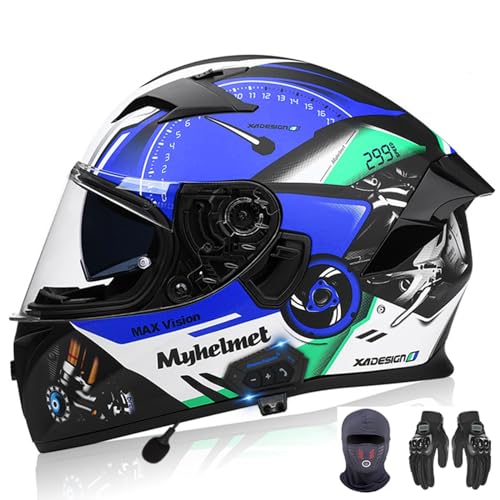 Bluetooth-Motorradhelm, Integral-Motorrad-Bluetooth-Helm, Bluetooth-Motorrad-Doppelsonnenblendenhelme, Unisex-Erwachsene, DOT/ECE-Zulassung A,L=57-58CM