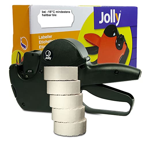 Set: MHD Datumsauszeichner Jolly C8 für 26x12 inkl. 7.500 HUTNER Etiketten weiss Tiefkühl - Aufdruck: bei -18°C mindestens haltbar bis | etikettieren | HUTNER