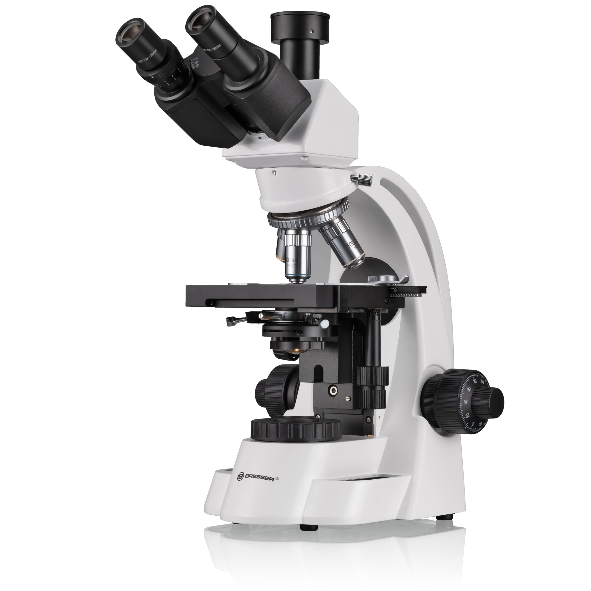 Bresser trinokulares Durchlicht Mikroskop BioScience Trino 40x-1000x Vergrößerung, mit Köhlerscher Beleuchtung, koaxialem Kreuztisch sowie Grob und Feinfokussierung, für gehobene Ansprüche, 5750600