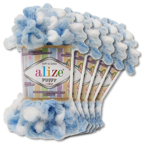 Wohnkult Alize 5x100 g Puffy Color Premium Wolle 26 Farbkombinationen Chenille Handarbeit Stricken und Häkeln ohne Hilfsmittel Smart Yarn (5865)