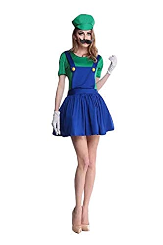 Thematys® Damen Super Klempner Kinderheldenkostüm Mütze + Kleid + Bart + Handschuhe Kostüm-Set für Erwachsene (M,160-165cm,Style002)