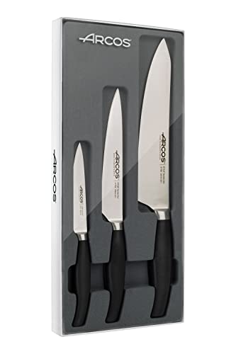 Arcos Serie Clara - Küchenmesser-Set 3 Stück (Schälmesser + Küchenmesser + Kochmesser) - Geschmiedeter Edelstahl NITRUM - Griff aus eingespritztem Polypropylen - Farbe Schwarz