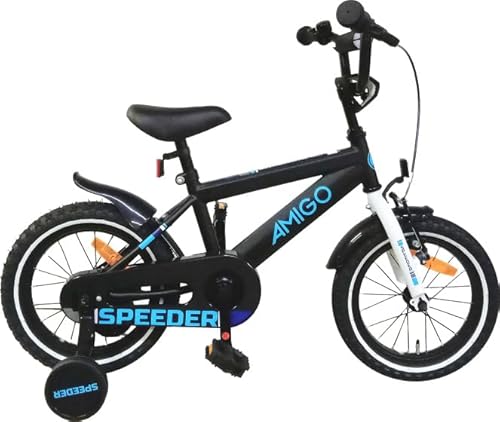 AMIGO Speeder - Kinderfahrrad - 14 Zoll - mit Handbremse, Rücktritt, Lenkerpolster und Stützräder - ab 4-5 Jahre - Schwarz/Blau