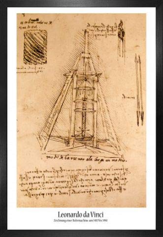1art1 Leonardo Da Vinci Poster und MDF-Rahmen - Zeichnung Einer Bohrmaschine, 1487-1490 (91 x 61cm)