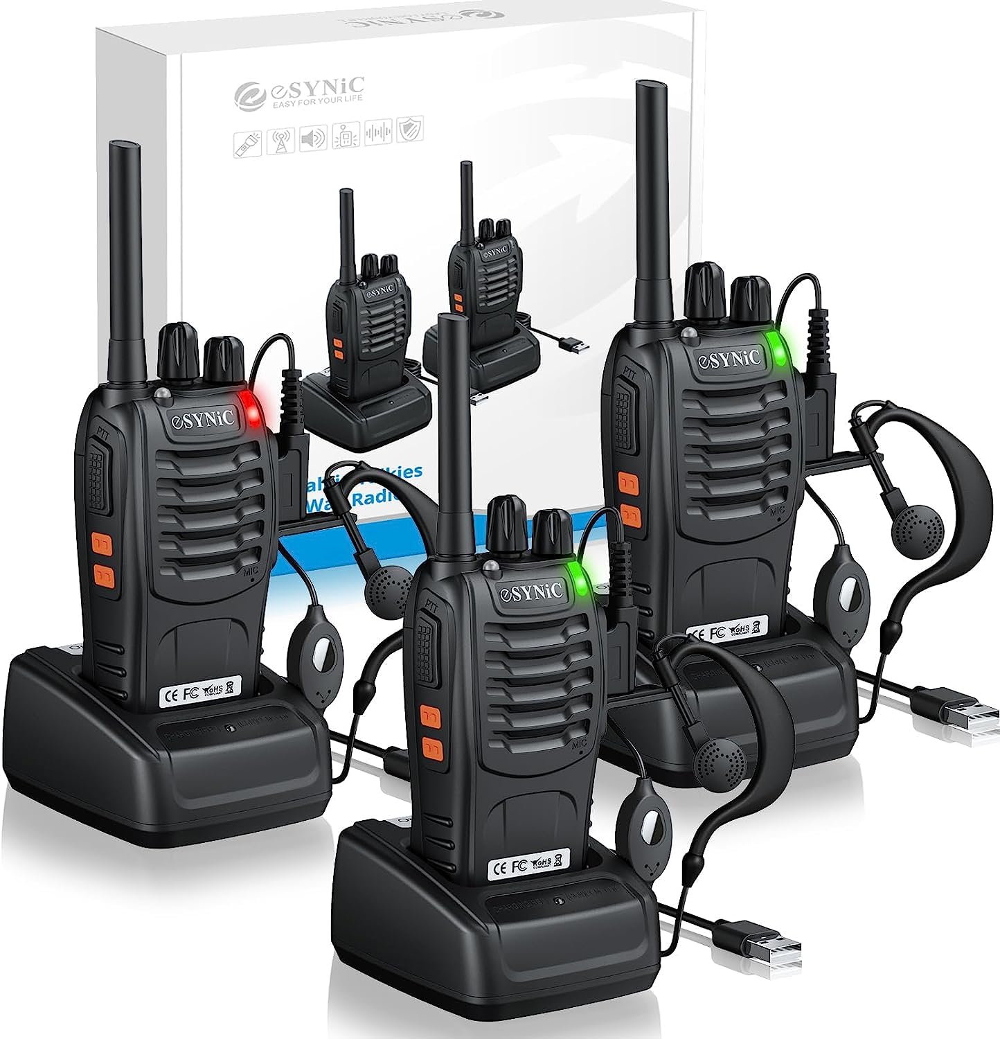 eSynic Walkie Talkie Erwachsene 3pcs Wireless Walkie Talkies VOX 2 Way Radio Lange Reichweite Kinder Walkie Talikes Wiederaufladbare Walkie Talkies mit Original Ohrhörer für Camping