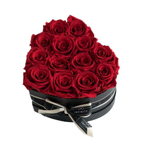 Infinity Flowerbox Large Herz - 13 echte Premiumrosen in Rot - 3 Jahre haltbar ohne gießen | In Geschenkverpackung mit Satinschleife