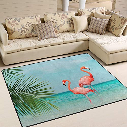 Use7 Blue Sky Cloud Tropical Flamingo Bird Palm Tree Leaves Ocean Beach Area Teppich für Wohnzimmer Schlafzimmer 160 cm x 122 cm