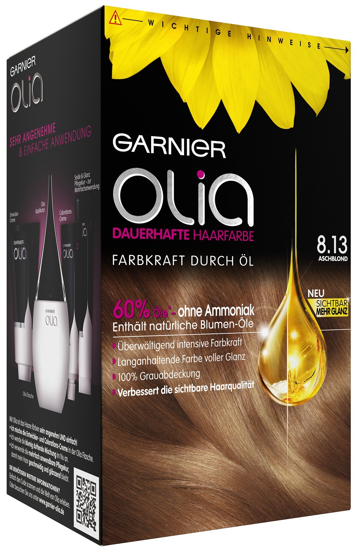 Garnier Olia Haar Coloration Aschblond 8.13 / Färbung für Haare enthält 60% Blumen-Öle für 8 Wochen intensive Farbkraft - Ohne Ammoniak - 3 x 1 Stück