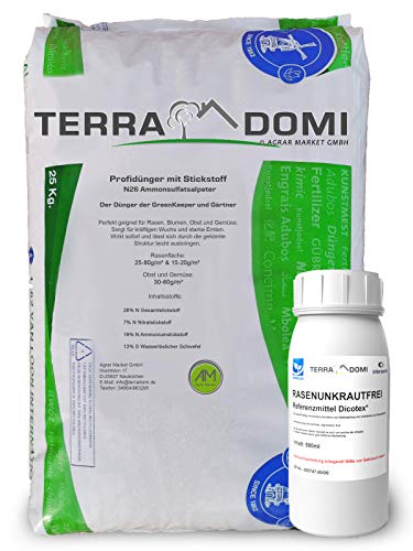 Terra Domi N26 Stickstoffdünger 25kg mit 500ml Rasenunkrautvernichter, Referenzmittel: Dicotex für bis zu 600 m2 I unschlagbare Zweifachwirkung, gegen gängige Unkräuter, Herbizid