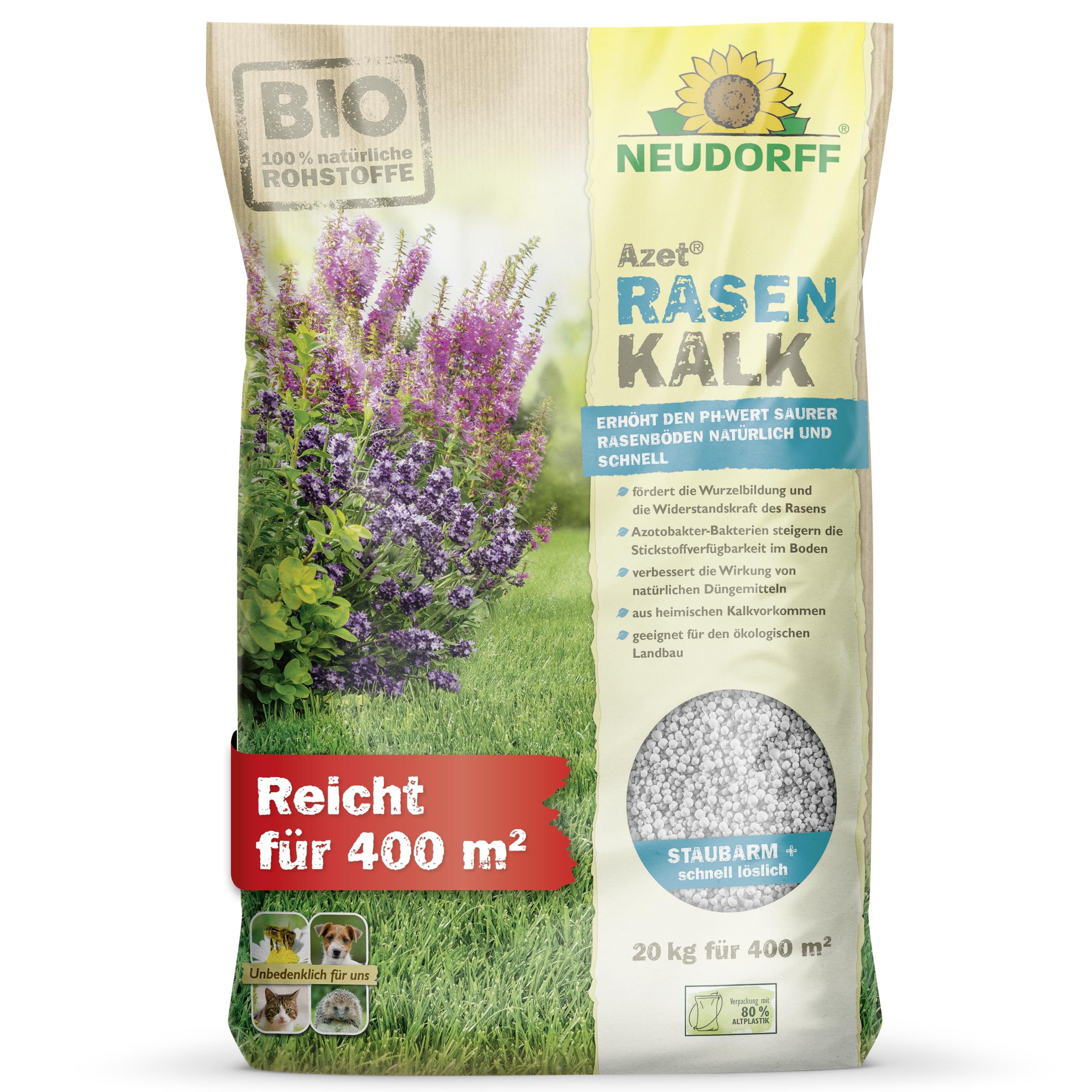 Neudorff Azet RasenKalk – Bio Rasenkalk erhöht den pH-Wert saurer Rasenböden schnell für einen kräftigen, grünen Rasen und beugt Moos vor, 20 kg für 400 m²