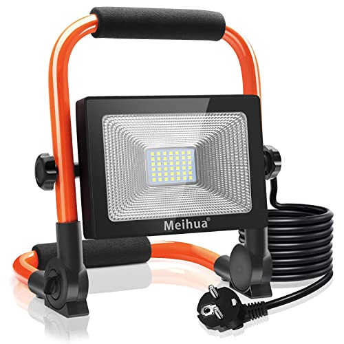 MEIHUA LED Flutlicht Camping 3400LM LED Baustrahler 30W LED Arbeitsscheinwerfer Arbeitsleuchte IP66 Wasserdicht LED 5M Kabel 6500K Tageslichtweiß Bauscheinwerfer für Werkstatt Baustelle Garage