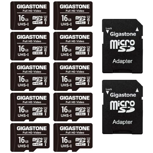 Gigastone 16GB MicroSDHC Speicherkarte 10er-Pack + SD Adapter, für Action-Kamera, GoPro, Drohne und Tablet, Lesegeschwindigkeit bis zu 85MB/s, Full HD-Videoaufnahme, Micro SD Karte UHS-I Klasse 10 U1