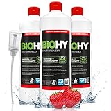 BiOHY Sanitärreiniger (3 x 1 Liter) + Dosierer | Bio Kalklöser Konzentrat für den Sanitärbereich | EXTRA STARKER Badreiniger gegen Urin | befreit Dusche & WC von Kalk & Schmutz
