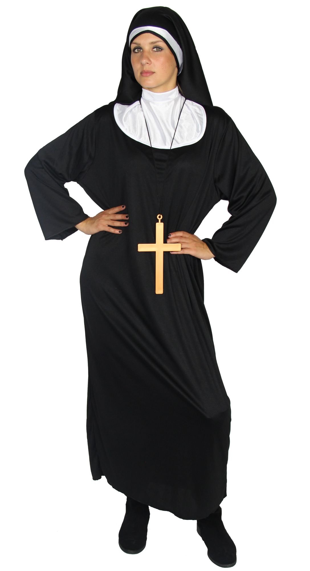 Schwarzes Nonnen Kostüm mit Kreuz für Damen Faschin Karneval Kirchen Motto Party Größe XXXXL