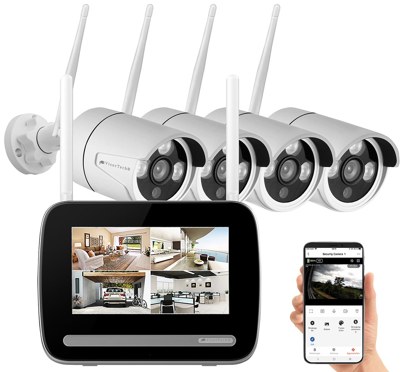 VisorTech Funk Überwachungssysteme: Funk-Überwachungs-Set: Funk-Monitor-Rekorder + 4X 2K-Funk-Kamera (Überwachungskamera System, Video-Überwachungskamera-Set, Outdoor)