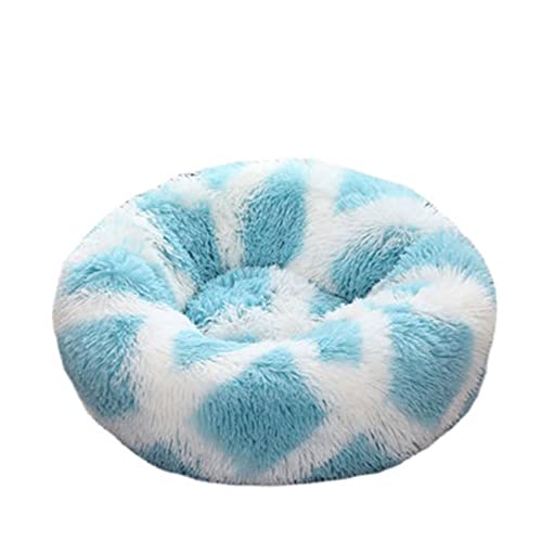 Beruhigendes Katzen- und Hundebett, flauschig, Plüsch, rund, warm, Donut-Design, mit rutschfester Unterseite, verbesserter Schlaf, Haustierhöhle, waschbar (120 cm, Blau / Weiß)