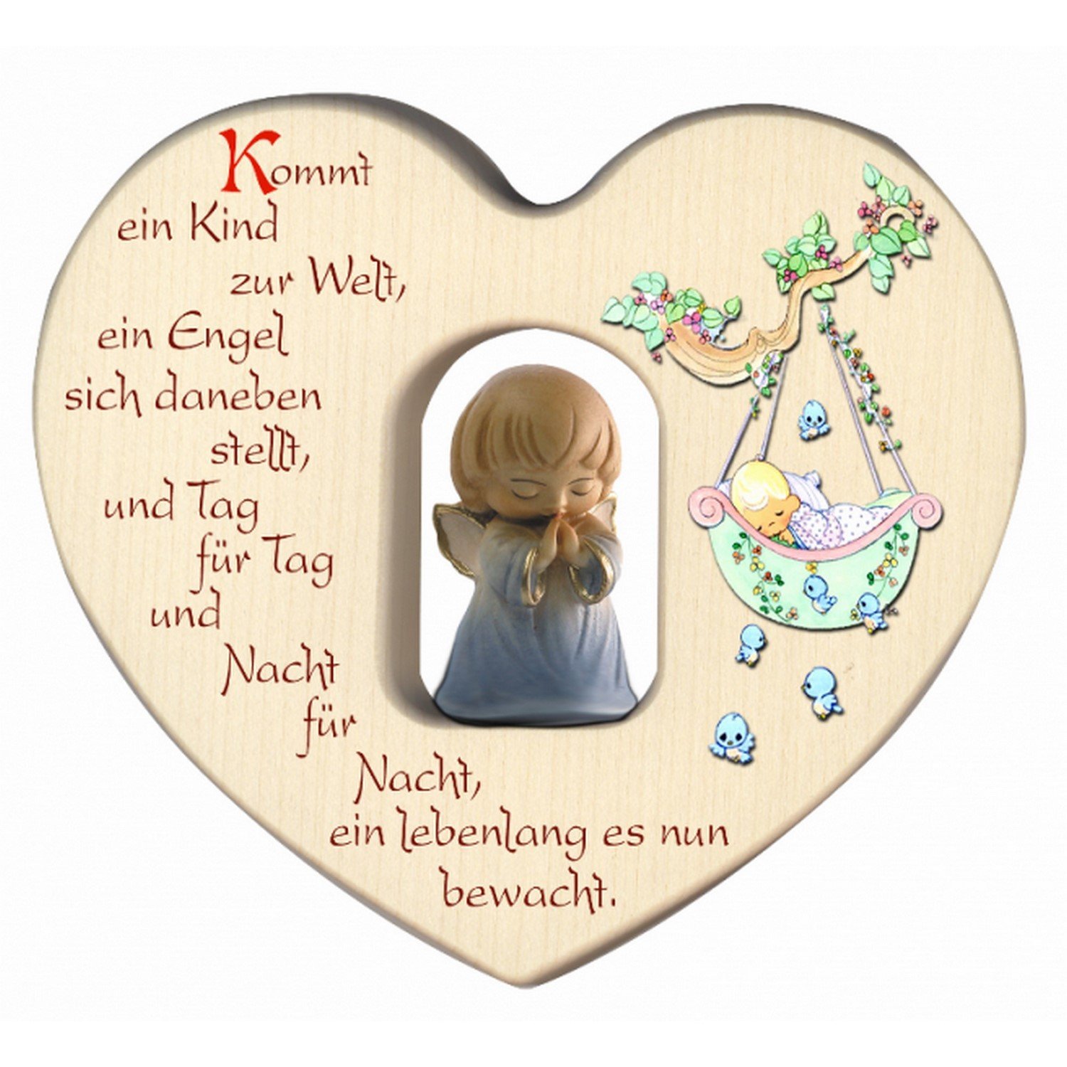 MaMeMi Herz für Jungen mit Schutzengel zur Geburt oder Taufe/Dekoration fürs Kinderzimmer/Babyzimmer aus Holz