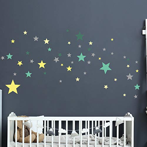 Kinderwandaufkleber - Babyzimmerdekoration - Kinderwandaufkleber - Wandaufkleber 50 grüne und gelbe Sterne - Kinderwandaufkleber - H30 x B40 cm