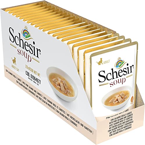 Schesir Cat Soup Wilder Buckellachs, Katzenfutter Suppe, Beutel, 85 g, 1.7 kg