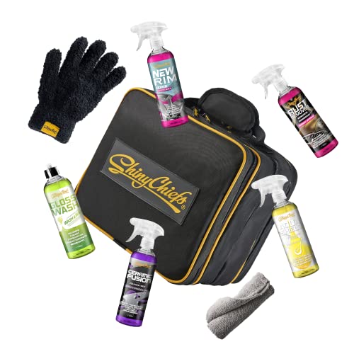 ShinyChiefs WONDER CASE - SHINY KIT 2 - Autowasch-Set mit Reinigertasche, Autoshampoo, Felgenreiniger, Lack- und Glasversiegelung, Flugrostentferner sowie Waschhandschuh und Mikrofasertücher, 8-teilig