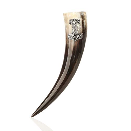 Mjölnir - Thors Hammer Trinkhorn - 0,5 Liter - poliertes Rinderhorn & Zinn Verzierung